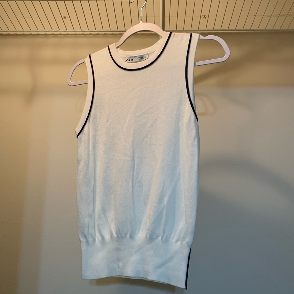 Zara White Sweater Tank with Navy Piping